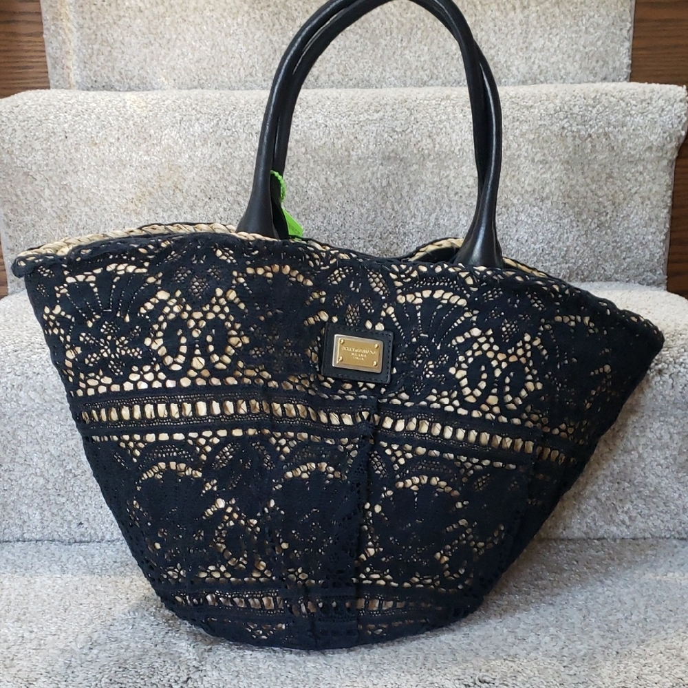 Black Lace And Basket Woven Dolce And Gabanna Tote Bag Shoulder Bag Authentic